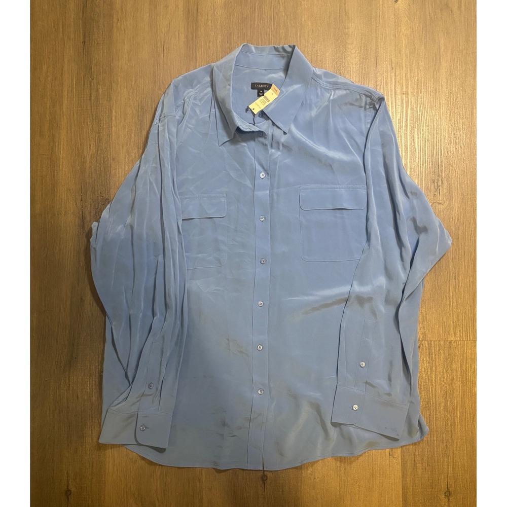 Talbots Silk Button Down Shirt Womens 18 Blue Long Sleeve Chest Pockets NWT